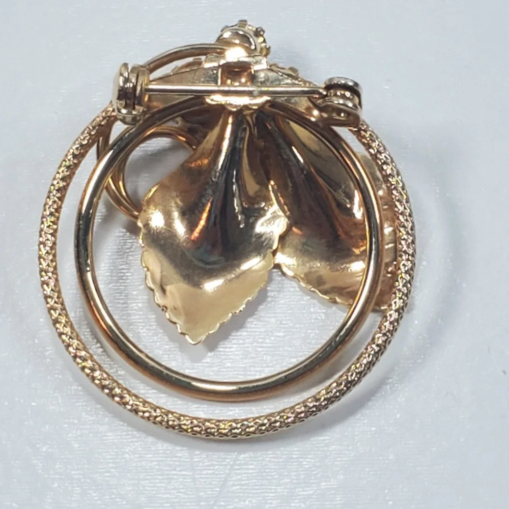 Vintage Gold Tone Metal & Red Rhinestones Double Circle Brooch Pin